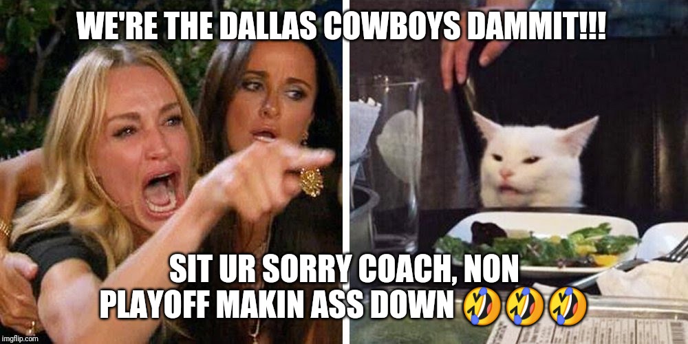 Smudge the cat | WE'RE THE DALLAS COWBOYS DAMMIT!!! SIT UR SORRY COACH, NON PLAYOFF MAKIN ASS DOWN 🤣🤣🤣 | image tagged in smudge the cat | made w/ Imgflip meme maker