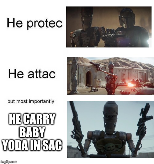 He protec he attac but most importantly | HE CARRY BABY YODA IN SAC | image tagged in he protec he attac but most importantly | made w/ Imgflip meme maker