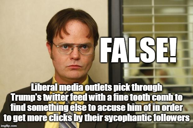 Dwight false | FALSE! Liberal media outlets pick through Trump's twitter feed with a fine tooth comb to find something else to accuse him of in order to ge | image tagged in dwight false | made w/ Imgflip meme maker