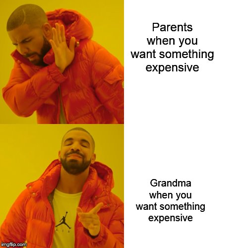 Drake Hotline Bling Meme | Parents when you want something expensive; Grandma when you want something expensive | image tagged in memes,drake hotline bling | made w/ Imgflip meme maker