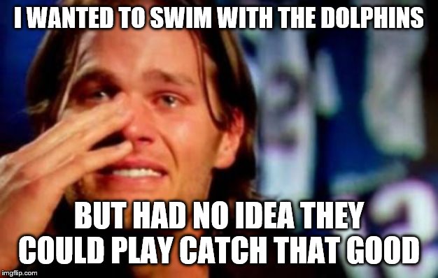 crying tom brady | I WANTED TO SWIM WITH THE DOLPHINS; BUT HAD NO IDEA THEY COULD PLAY CATCH THAT GOOD | image tagged in crying tom brady | made w/ Imgflip meme maker