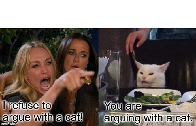 Woman Yelling At Cat | I refuse to argue with a cat! You are arguing with a cat. | image tagged in memes,woman yelling at cat | made w/ Imgflip meme maker