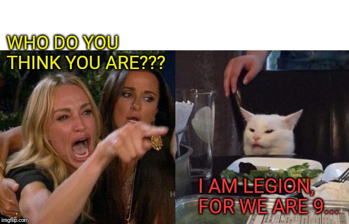 Woman Yelling At Cat Meme | WHO DO YOU THINK YOU ARE??? I AM LEGION, FOR WE ARE 9... | image tagged in memes,woman yelling at cat | made w/ Imgflip meme maker