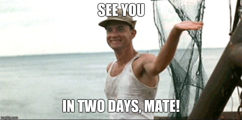 Forest Gump waving | SEE YOU IN TWO DAYS, MATE! | image tagged in forest gump waving | made w/ Imgflip meme maker