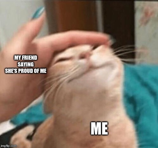 Cat being pet |  MY FRIEND SAYING SHE'S PROUD OF ME; ME | image tagged in cat being pet | made w/ Imgflip meme maker