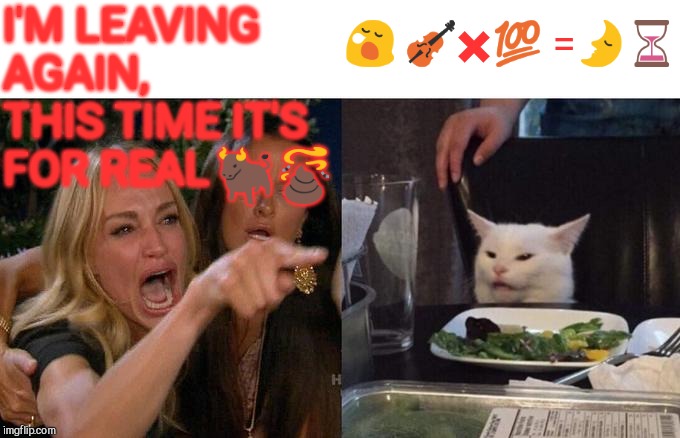 Woman Yelling At Cat Meme | I'M LEAVING AGAIN, THIS TIME IT'S FOR REAL ? ?✖️? =?⏳ ?? | image tagged in memes,woman yelling at cat | made w/ Imgflip meme maker