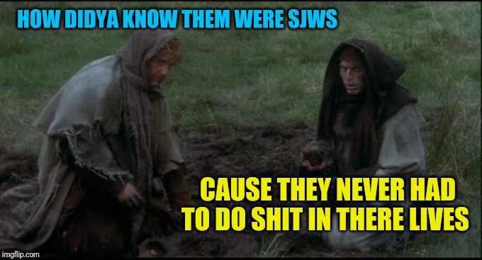 Monty Python's Holy Grail peasants | HOW DIDYA KNOW THEM WERE SJWS CAUSE THEY NEVER HAD TO DO SHIT IN THERE LIVES | image tagged in monty python's holy grail peasants | made w/ Imgflip meme maker