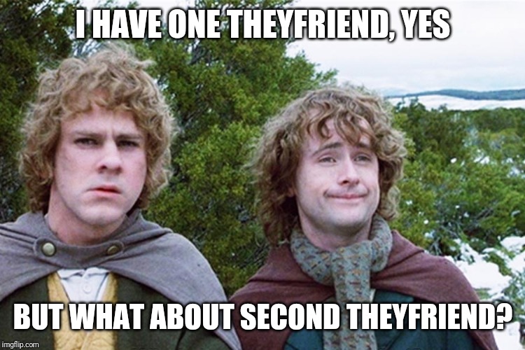 hobbits | I HAVE ONE THEYFRIEND, YES; BUT WHAT ABOUT SECOND THEYFRIEND? | image tagged in hobbits | made w/ Imgflip meme maker