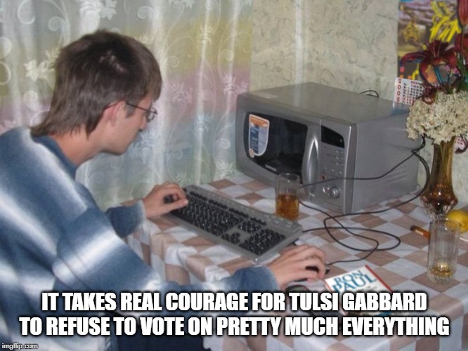 Microwave Libertarian | IT TAKES REAL COURAGE FOR TULSI GABBARD TO REFUSE TO VOTE ON PRETTY MUCH EVERYTHING | image tagged in microwave libertarian | made w/ Imgflip meme maker