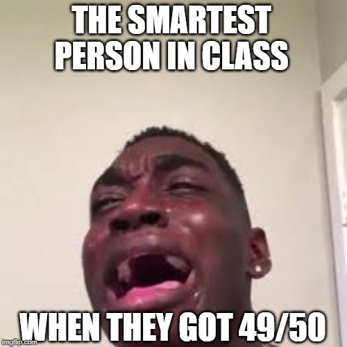 Me crying | THE SMARTEST PERSON IN CLASS; WHEN THEY GOT 49/50 | image tagged in me crying | made w/ Imgflip meme maker