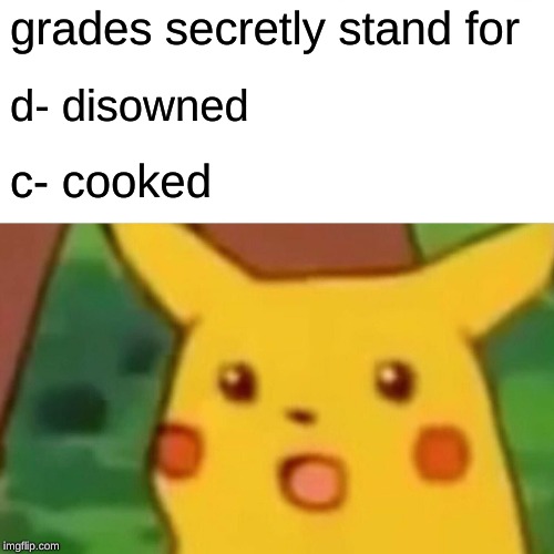 Surprised Pikachu Meme | grades secretly stand for; d- disowned; c- cooked | image tagged in memes,surprised pikachu | made w/ Imgflip meme maker