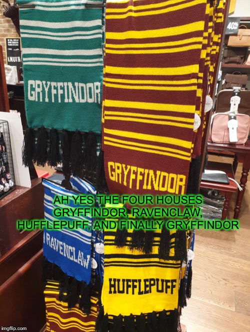 AH YES THE FOUR HOUSES GRYFFINDOR, RAVENCLAW, HUFFLEPUFF, AND FINALLY GRYFFINDOR | image tagged in harry potter | made w/ Imgflip meme maker