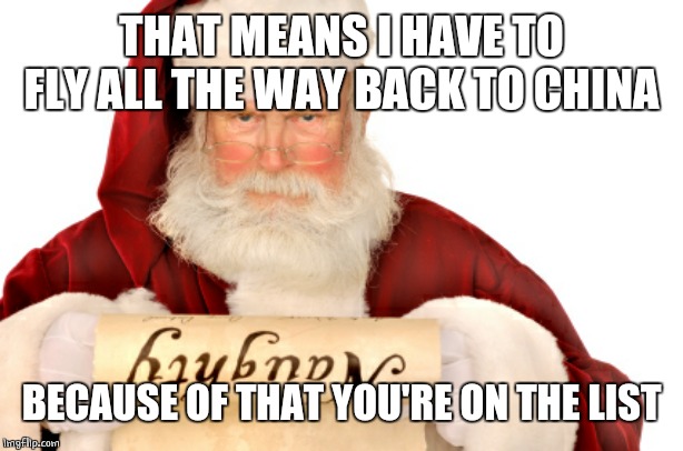 Santa Naughty List | THAT MEANS I HAVE TO FLY ALL THE WAY BACK TO CHINA BECAUSE OF THAT YOU'RE ON THE LIST | image tagged in santa naughty list | made w/ Imgflip meme maker
