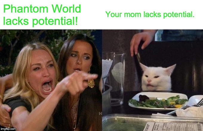 Woman Yelling At Cat | Phantom World lacks potential! Your mom lacks potential. | image tagged in memes,woman yelling at cat | made w/ Imgflip meme maker