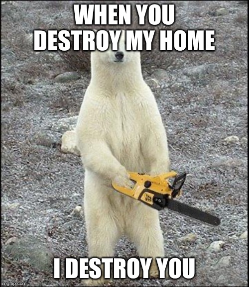 chainsaw polar bear | WHEN YOU DESTROY MY HOME; I DESTROY YOU | image tagged in chainsaw polar bear | made w/ Imgflip meme maker
