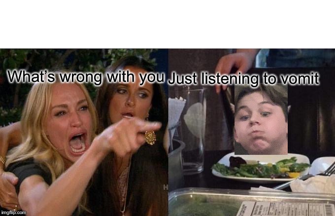 Woman Yelling At Cat Meme | What’s wrong with you; Just listening to vomit | image tagged in memes,woman yelling at cat | made w/ Imgflip meme maker