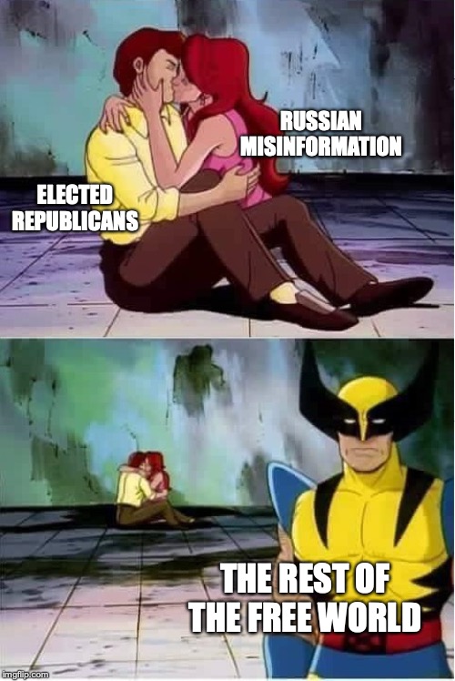 Sad wolverine left out of party | RUSSIAN MISINFORMATION; ELECTED REPUBLICANS; THE REST OF THE FREE WORLD | image tagged in sad wolverine left out of party | made w/ Imgflip meme maker