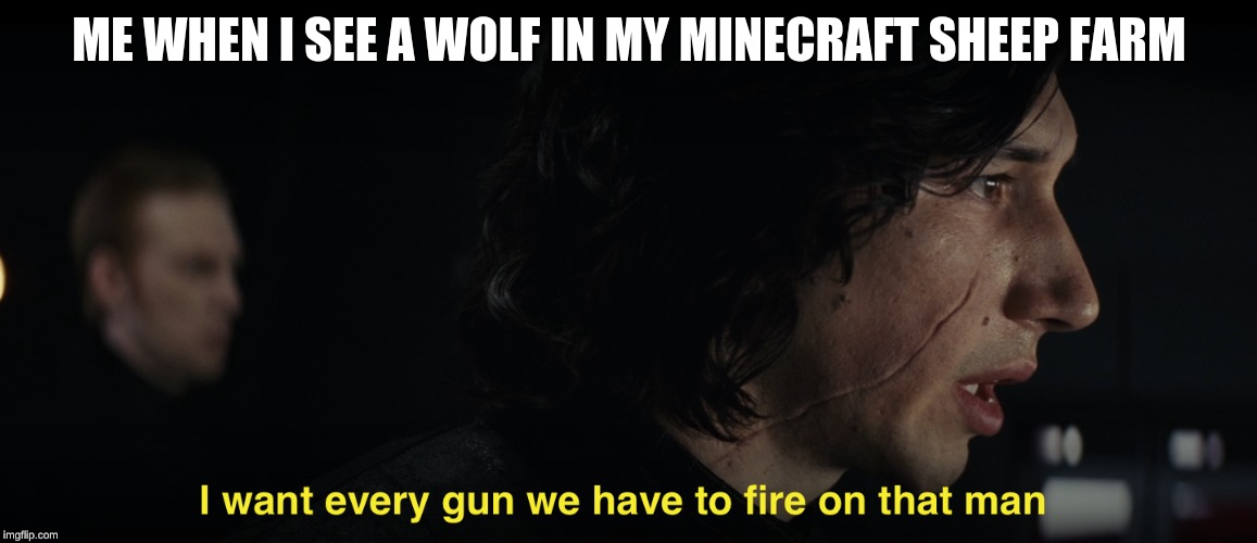 I want every gun we have to fire at that man | ME WHEN I SEE A WOLF IN MY MINECRAFT SHEEP FARM | image tagged in i want every gun we have to fire at that man | made w/ Imgflip meme maker