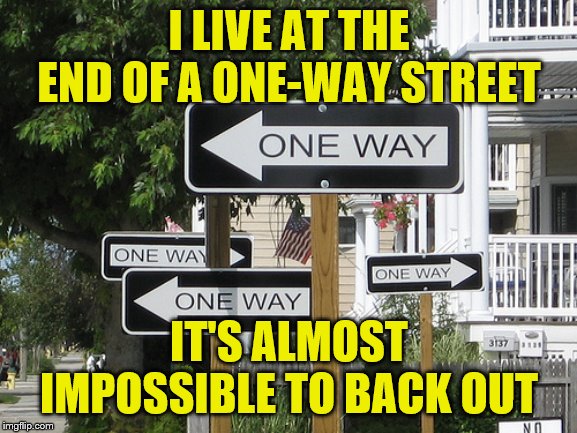 One way | I LIVE AT THE END OF A ONE-WAY STREET; IT'S ALMOST IMPOSSIBLE TO BACK OUT | image tagged in one way | made w/ Imgflip meme maker