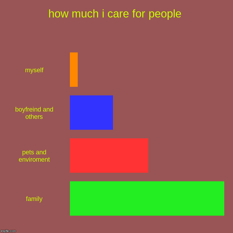 how much i care for people | myself, boyfreind and others, pets and enviroment, family | image tagged in charts,bar charts | made w/ Imgflip chart maker