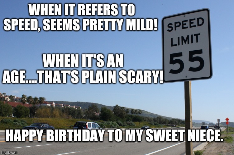 speed limit | WHEN IT REFERS TO SPEED, SEEMS PRETTY MILD! WHEN IT'S AN AGE....THAT'S PLAIN SCARY! HAPPY BIRTHDAY TO MY SWEET NIECE. | image tagged in speed limit | made w/ Imgflip meme maker