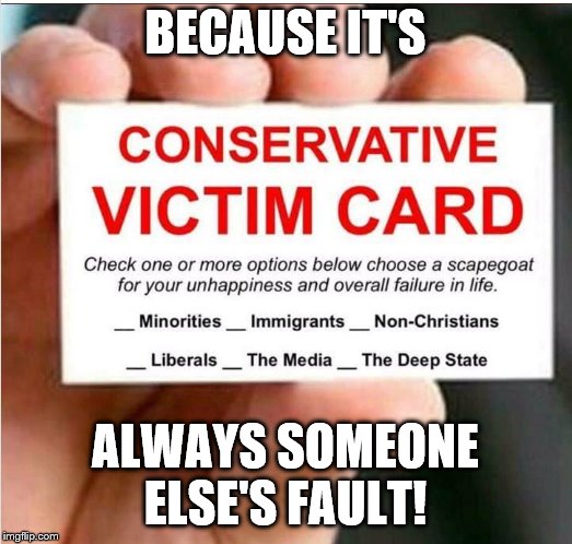 Victim Card | BECAUSE IT'S; ALWAYS SOMEONE ELSE'S FAULT! | image tagged in victim card | made w/ Imgflip meme maker