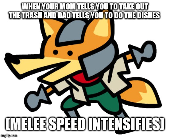 Melee Fox | WHEN YOUR MOM TELLS YOU TO TAKE OUT THE TRASH AND DAD TELLS YOU TO DO THE DISHES; (MELEE SPEED INTENSIFIES) | image tagged in melee fox | made w/ Imgflip meme maker