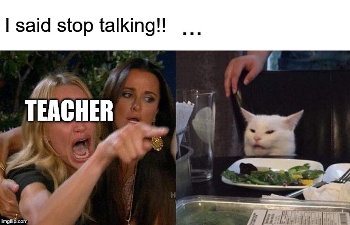 Woman Yelling At Cat Meme | I said stop talking!! ... TEACHER | image tagged in memes,woman yelling at cat | made w/ Imgflip meme maker