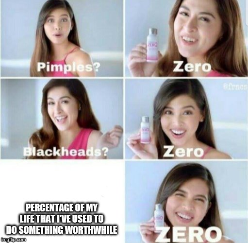Pimples, Zero! | PERCENTAGE OF MY LIFE THAT I'VE USED TO DO SOMETHING WORTHWHILE | image tagged in pimples zero | made w/ Imgflip meme maker