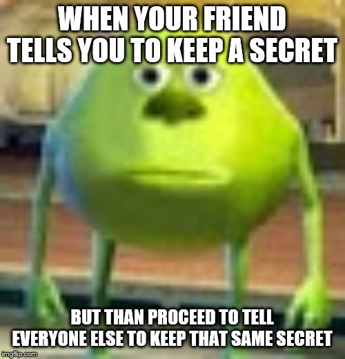 Sully Wazowski | WHEN YOUR FRIEND TELLS YOU TO KEEP A SECRET BUT THAN PROCEED TO TELL EVERYONE ELSE TO KEEP THAT SAME SECRET | image tagged in sully wazowski | made w/ Imgflip meme maker