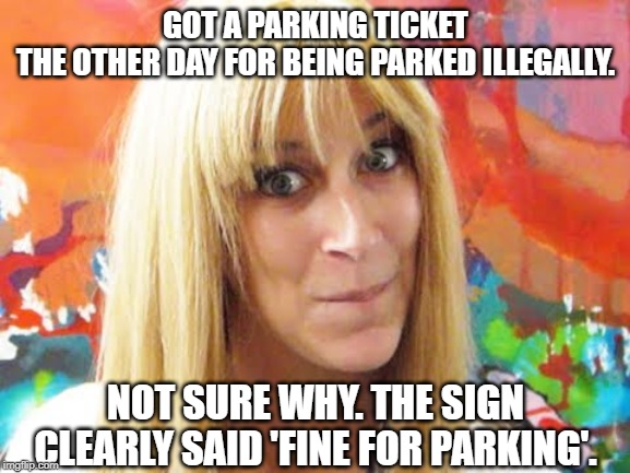 ditzy blonde | GOT A PARKING TICKET THE OTHER DAY FOR BEING PARKED ILLEGALLY. NOT SURE WHY. THE SIGN CLEARLY SAID 'FINE FOR PARKING'. | image tagged in ditzy blonde,parking ticket,clueless | made w/ Imgflip meme maker