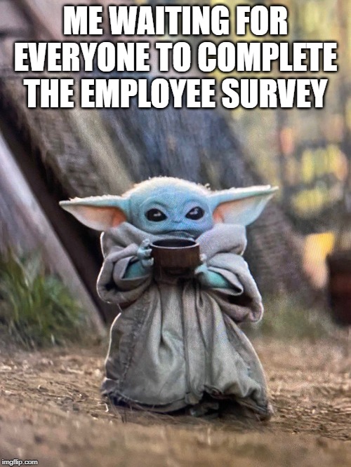 BABY YODA TEA | ME WAITING FOR EVERYONE TO COMPLETE THE EMPLOYEE SURVEY | image tagged in baby yoda tea | made w/ Imgflip meme maker