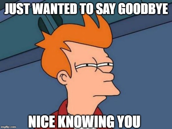 Futurama Fry | JUST WANTED TO SAY GOODBYE; NICE KNOWING YOU | image tagged in memes,futurama fry | made w/ Imgflip meme maker