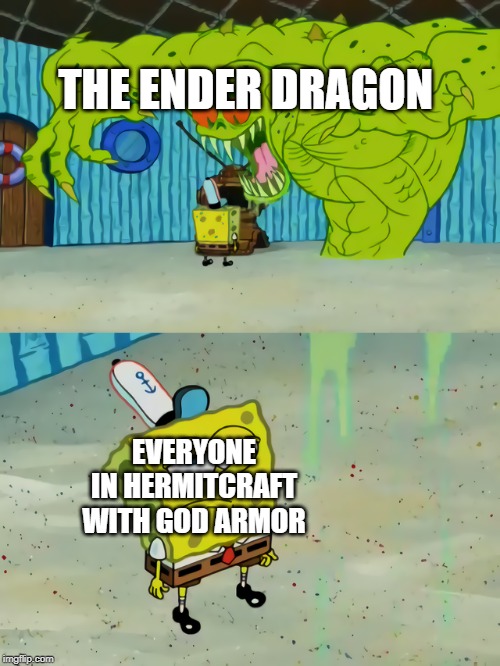 Ghost not scaring Spongebob | THE ENDER DRAGON; EVERYONE IN HERMITCRAFT WITH GOD ARMOR | image tagged in ghost not scaring spongebob | made w/ Imgflip meme maker