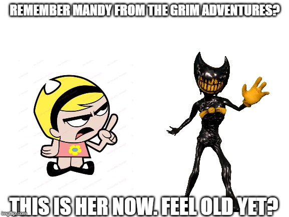 Blank White Template | REMEMBER MANDY FROM THE GRIM ADVENTURES? THIS IS HER NOW. FEEL OLD YET? | image tagged in blank white template | made w/ Imgflip meme maker