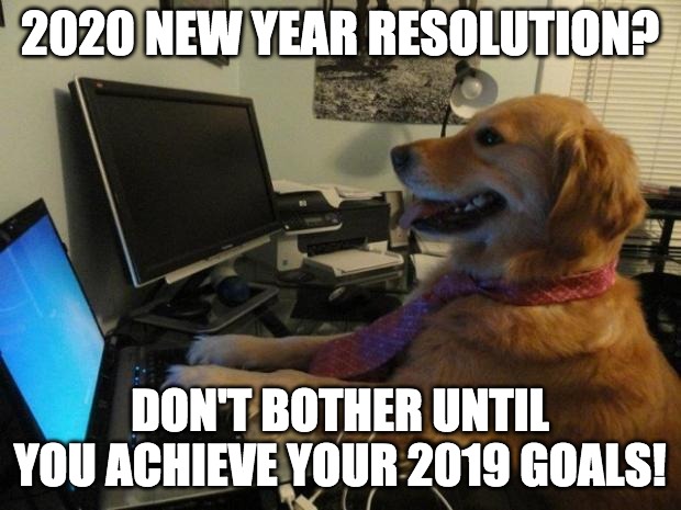 Dog behind a computer | 2020 NEW YEAR RESOLUTION? DON'T BOTHER UNTIL YOU ACHIEVE YOUR 2019 GOALS! | image tagged in dog behind a computer | made w/ Imgflip meme maker