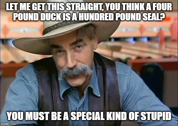 Sam Elliott special kind of stupid | LET ME GET THIS STRAIGHT, YOU THINK A FOUR
POUND DUCK IS A HUNDRED POUND SEAL? YOU MUST BE A SPECIAL KIND OF STUPID | image tagged in sam elliott special kind of stupid | made w/ Imgflip meme maker