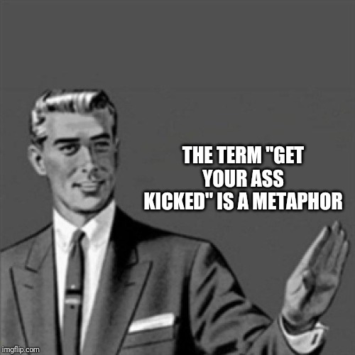 Correction guy | THE TERM "GET YOUR ASS KICKED" IS A METAPHOR | image tagged in correction guy,memes,metaphors | made w/ Imgflip meme maker