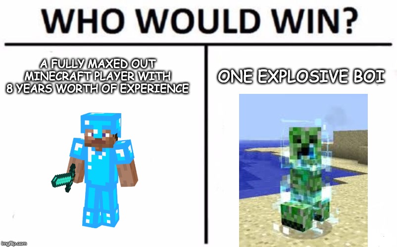 Who Would Win? Meme | A FULLY MAXED OUT MINECRAFT PLAYER WITH 8 YEARS WORTH OF EXPERIENCE; ONE EXPLOSIVE BOI | image tagged in memes,who would win | made w/ Imgflip meme maker