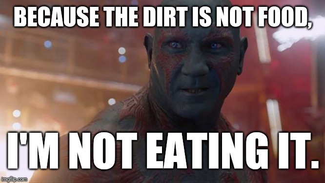 This is for all the haters out there | BECAUSE THE DIRT IS NOT FOOD, I'M NOT EATING IT. | image tagged in drax,drax memes,dirty,memes | made w/ Imgflip meme maker