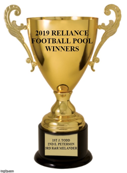 Trophy | 2019 RELIANCE
FOOTBALL POOL
WINNERS; 1ST J. TODD
2ND E. PETERSON
3RD R&R MELANDER | image tagged in trophy | made w/ Imgflip meme maker