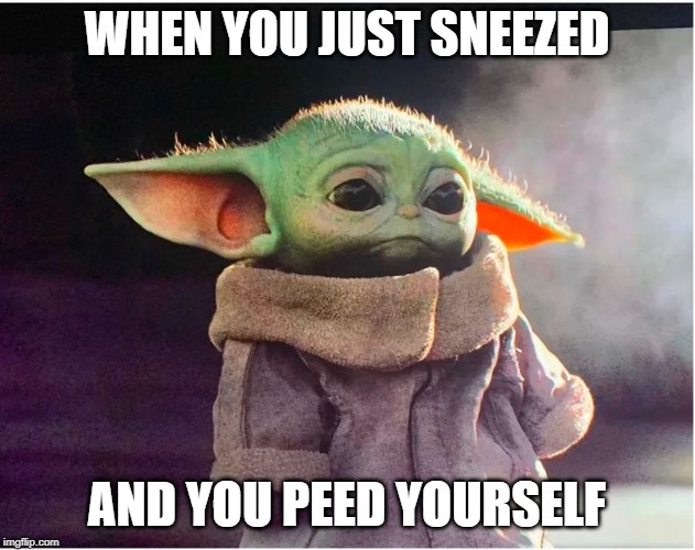 Sad Baby Yoda | WHEN YOU JUST SNEEZED; AND YOU PEED YOURSELF | image tagged in sad baby yoda | made w/ Imgflip meme maker
