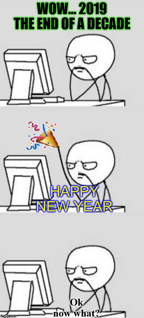 Celebrating New Year | WOW... 2019 THE END OF A DECADE; HAPPY NEW YEAR; Ok now what? | image tagged in celebrating new year | made w/ Imgflip meme maker