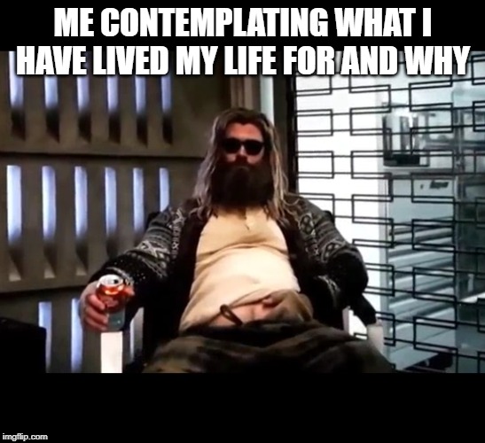 Thor Endgame | ME CONTEMPLATING WHAT I HAVE LIVED MY LIFE FOR AND WHY | image tagged in thor endgame | made w/ Imgflip meme maker