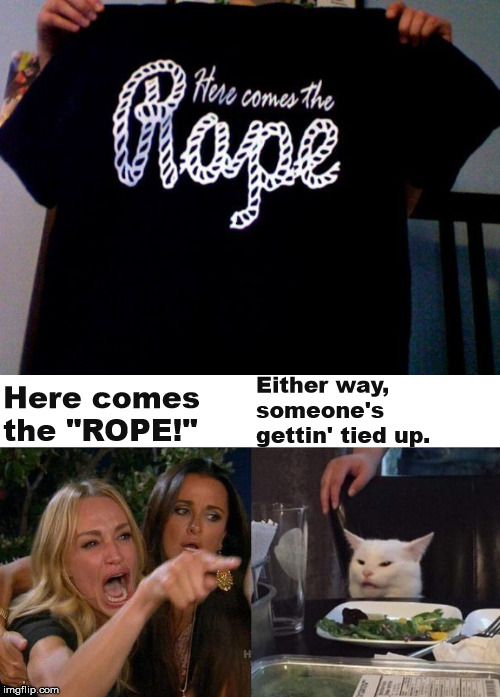 Either way, someone's gettin' tied up. Here comes the "ROPE!" | image tagged in memes,woman yelling at cat | made w/ Imgflip meme maker