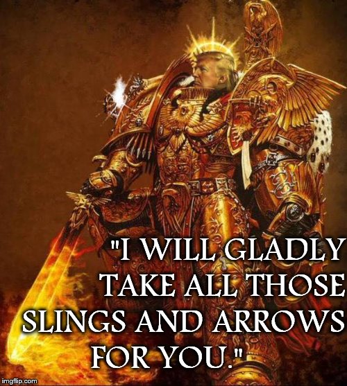 "I WILL GLADLY       TAKE ALL THOSE; SLINGS AND ARROWS FOR YOU." | image tagged in trump flame warrior | made w/ Imgflip meme maker
