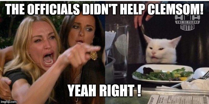 white cat table | THE OFFICIALS DIDN'T HELP CLEMSOM! YEAH RIGHT ! | image tagged in white cat table | made w/ Imgflip meme maker