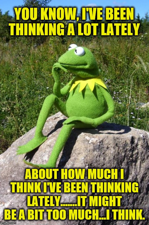 Kermit-thinking | YOU KNOW, I'VE BEEN THINKING A LOT LATELY; ABOUT HOW MUCH I THINK I'VE BEEN THINKING LATELY.......IT MIGHT BE A BIT TOO MUCH...I THINK. | image tagged in kermit-thinking | made w/ Imgflip meme maker