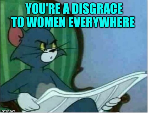 Interrupting Tom's Read | YOU'RE A DISGRACE TO WOMEN EVERYWHERE | image tagged in interrupting tom's read | made w/ Imgflip meme maker