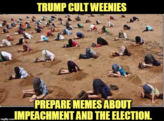 A Fox News Poll shows 50% of Americans want Trump impeached and removed. | TRUMP CULT WEENIES; PREPARE MEMES ABOUT IMPEACHMENT AND THE ELECTION. | image tagged in head in sand,trump cult weenie,trump,denial,fantasy,unreality | made w/ Imgflip meme maker
